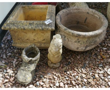 Square stone planter, round stone planter and 2 stone garden ornaments