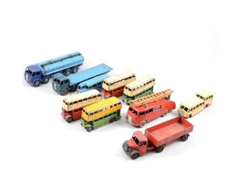Dinky Toys diecast model group, playworn examples including Foden petrol tanker, buses, fire engine, etc, (10).