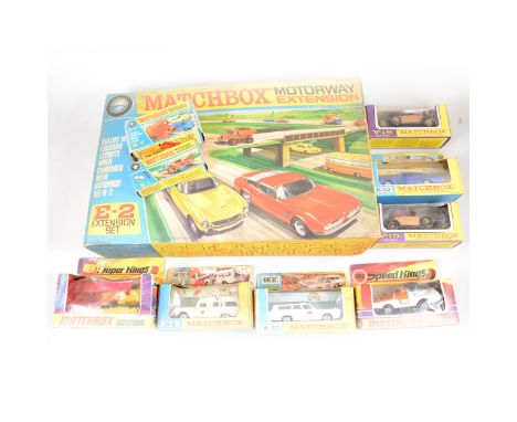 Matchbox Toys, E-2 motorway extension set, X-1 motorway accessories set, X-7 speed control, K-41 Speed Kings Fuzz Buggy, K-8 