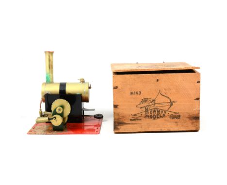 Bowman Models live steam stationary engine M140, comes with original wooden box with lid, 19.5cm wide, 14cm tall.