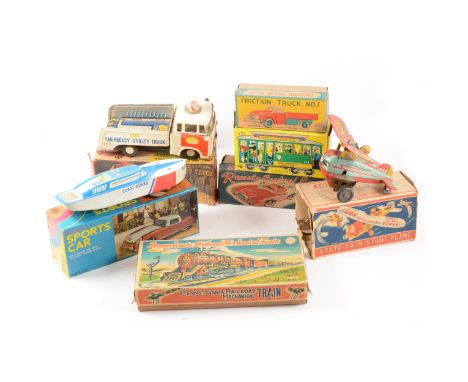 Tin-plate toys and vehicles; including friction fire emergency truck, State Fair stunt plane, Kanto Toys friction truck no.7,