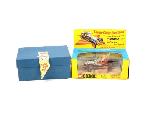 Corgi Toys; re-release model Chitty-Chitty Bang-Bang die-cast car, no.98751, with window box and wooden plinth base boxed.