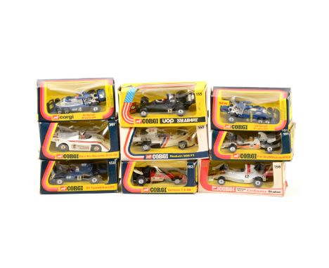 Corgi Toys die-cast racing car models, including; no.150 Rob Walker Surtees TS9, no.151 Yardley McLaren M19A, no.152 Ferrari 