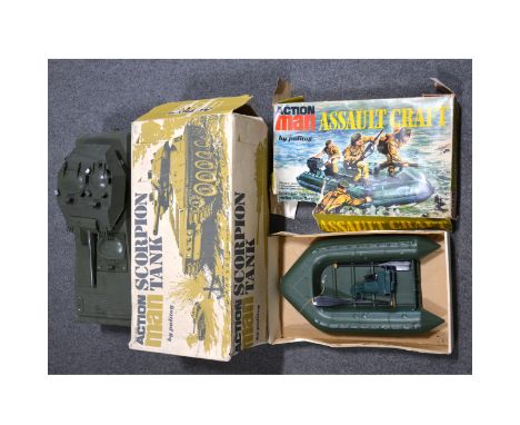 Action man by Palitoy; Machine gun emplacement set boxed, Assault craft boxed, Scorpion Tank boxed, searchlight boxed, belt f