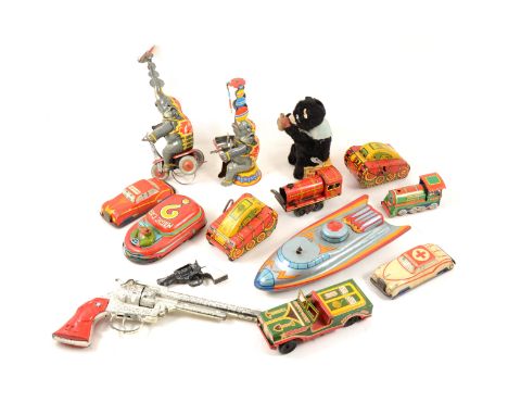 Tin-plate toys and vehicles, including; Marx toys no.5 (x2), German elephant with tricycle (x2), Magic Car, Auto Jeep, cap gu