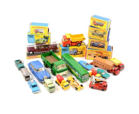 Die-cast models and vehicles; including, Corgi no.494 Bedford tipper truck, no.330 Porsche Carrera 6, Dinky no.128 Mercedes-B