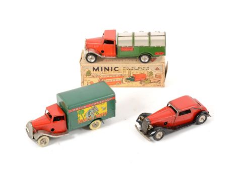 Tri-ang Minic Toys; Three tin-plate models including dust cart boxed, "Carter Paterson" truck, and a motor car.