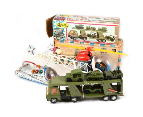 Tin-plate and plastic toys; including U.SA.F - Gemini X-5 space craft, PD15 highway patrol helicopter, Gozan Jugetes military