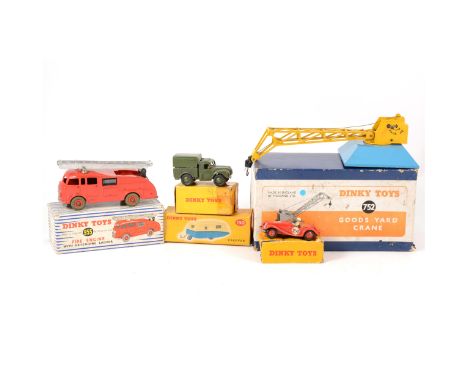 Dinky Toys; die-cast models, no.752 goods yard crane, no.190 caravan, no.955 fire engine with extending ladder, no.641 army 1