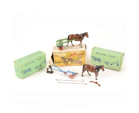 Britains Toys painted lead farm figures; (2x) no. 142F single horse plough with ploughman, no. 9F horse roller with man, all 