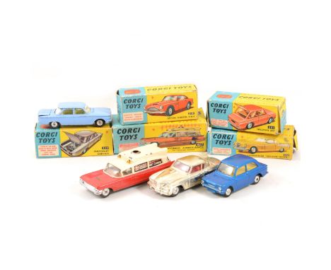 Corgi Toys; a selection of playworn die-cast models, mostly in a/f boxes, including no.229 Chevrolet Corvair, no.437 Superior