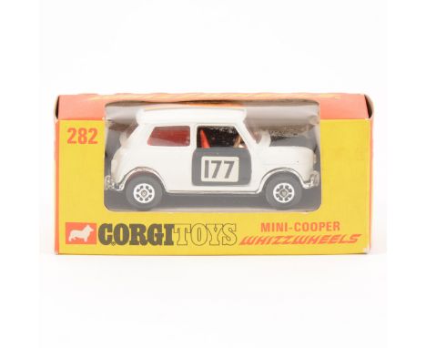 Corgi Toys; no.282 Mini-Cooper Whizzwheels, no.177 side stacker, top stripe.