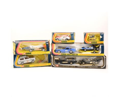 Corgi Toys die-cast models, including; Gift Set no.32 Lotus Elite &amp; JPS racing car con trailer, Gift Set no.29 Duckhams F