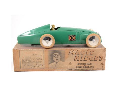 An impressive example of the Tri-ang Magic Midget record breaking car; made by Line Bros c1933, tin-plate with rubber tyres a