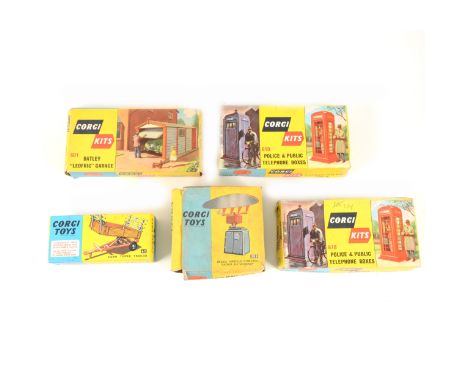 Corgi Toys die-cast models and model kits, including; 2x no.620 police and public telephone boxes. no.62 farm tipper trailer,