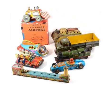 Tin-plate toys and vehicles; nine including Marx Toys tank, TM Toys Moon Rocket, lighthouse with boat, excavator, clockwork a