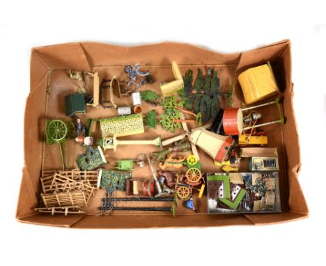 Painted lead garden and farm scenery and accessories, Britains and other makers; including dove house with doves, old couple 