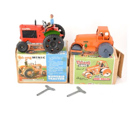Tri-ang Minic toys; Nuffield tractor with driver and smoke powder, Avling Barford road roller, both boxed.