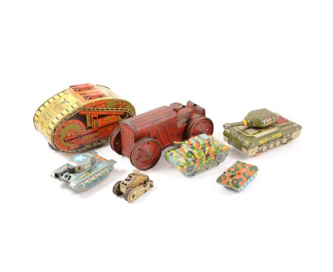 Tin-plate toy tanks; including Marx Toys no.3 tank corps, five other tanks, and an early Tri-ang tractor no.2.