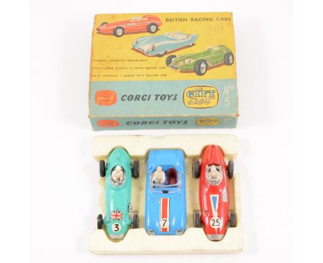 Corgi Toys; Gift set no.5 British Racing Cars, Vanwall Formula 1 Grand Prix, Lotus Mark Eleven Le Mans Racing Car, B.R.M. 1 G