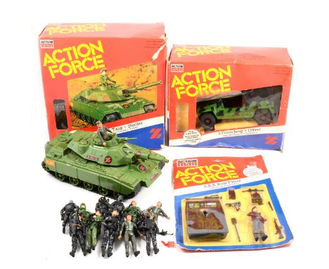 Action Man Action Force; Battle Tank with Steeler, Force Jeep and driver, S.A.S boat patrol set, all boxed.