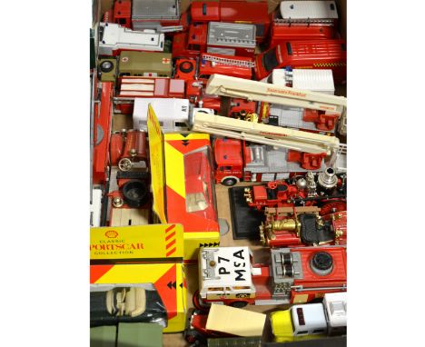 Three boxes of die-cast and plastic model fire service vehicles; includes fire engines, cars, steam vehicles, makers include 