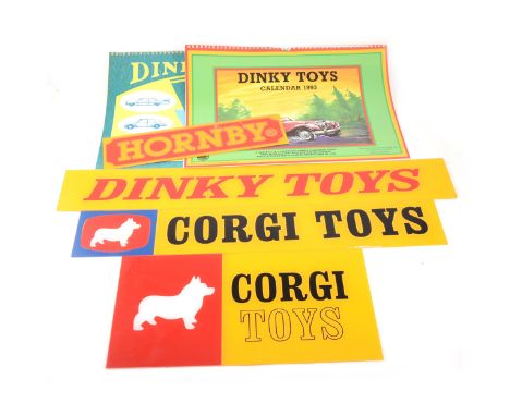Selection of reproduction Dinky and Corgi plastic signs, collectors calenders, and card cut outs.