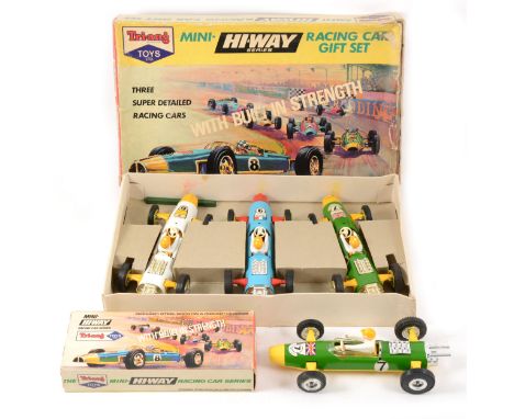 Tri-ang Toys; Mini Hi-Way series racing car gift set, boxed with three racing cars, and one separate Silverstone model racing