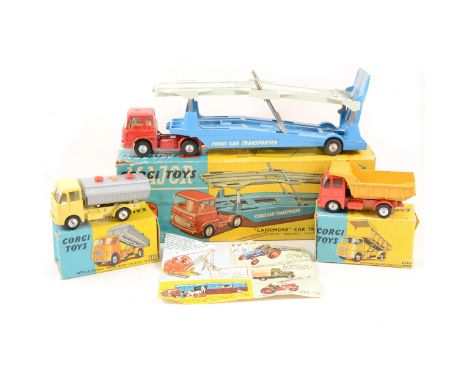 Corgi Major Toys; no.1105 "Carrimore" car transporter, 460 Neville cement tipper body on ERF chassis, 458 ERF model 64G earth