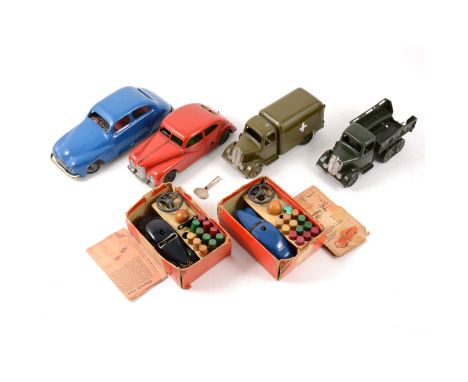 Tin-plate and die-cast models; including Schuco telesteering car (x2) both with repro boxes, Mettoy wind-up car, Chad Valley 