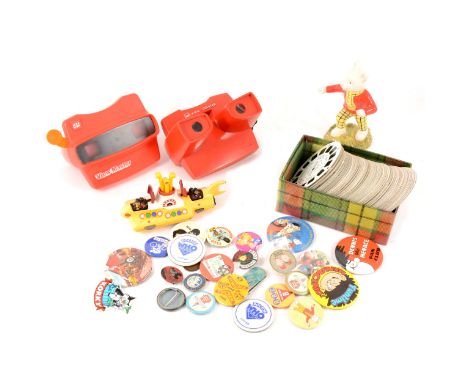 Two Viewmaster slide viewers with loose slides, Corgi The Beatles Yellow Submarine, Pogs, novelty watches, card games, game b