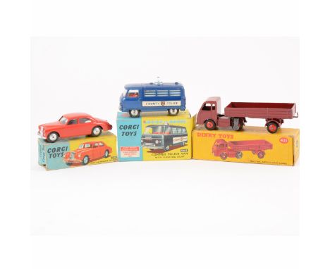 Dinky and Corgi toys; no. 464 Commer Police van with flashing light, no.205 Riley Pathfinder Saloon, no.421 electric articula