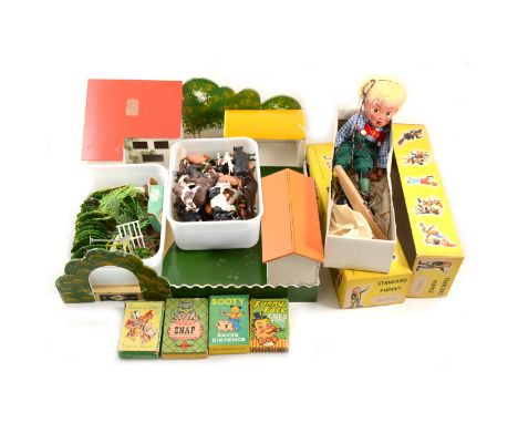 Gee Bee Toys wooden farm with plastic animals by Britains and Herald, two Pelham Puppets, Hansel and Gretel, a toy fox soft t