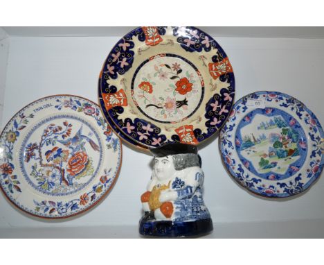 Staffordshire character jug, Imari style plates etc 