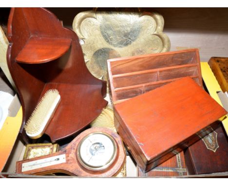 Selection of wooden boxes, brass tray, carved letter rack, corner shelf etc