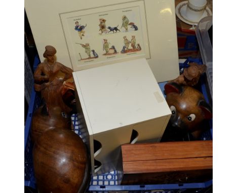 Carved wood box, wooden animals, framed print of hunting scene, comic framed print, wooden figurines etc