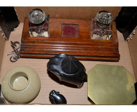 Ebony elephant inkwell, oak desk stand with two glass ink bottles, match striker etc 