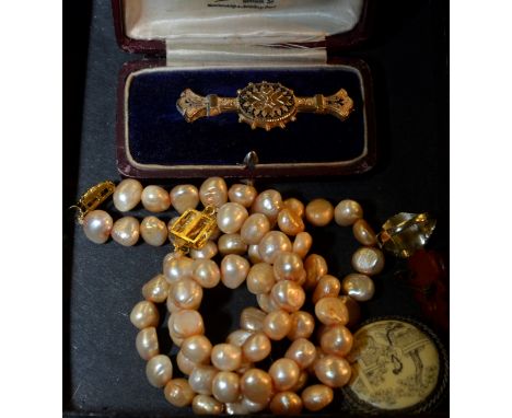 Ornate brooch, oriental brooch with rope twist border, pearls, and a dress ring