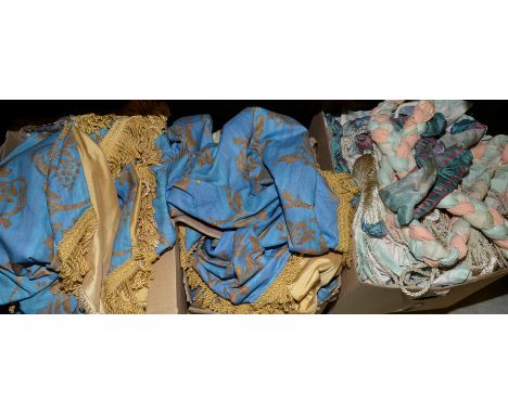 Three large boxes of assorted curtains, ties back, valance's, pelmets etc 