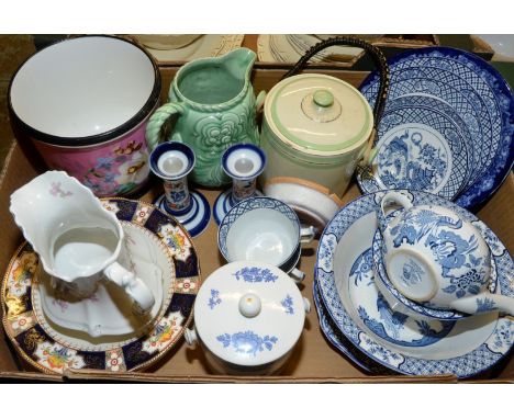 Planter, pair of blue and white candlesticks, Cauldon lidded pot, Wood and Sons 'Yuan' tea pot, bowls, plates etc 