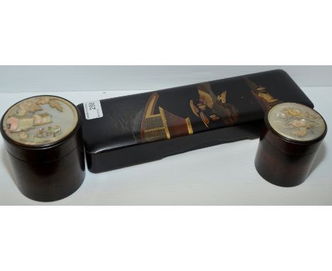 Papier mache box and two wooden circular trinket boxes with carved mother of pearl decoration