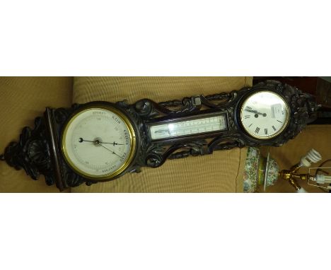 Heavy carved oak wall hanging clock and barometer 