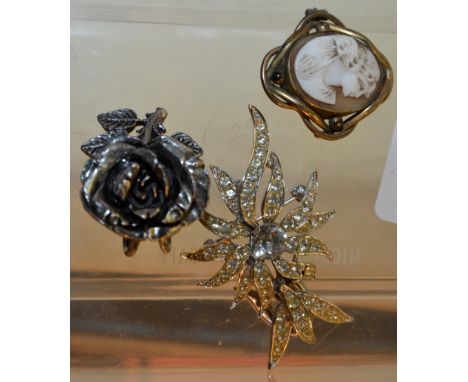 Floral paste brooch, small cameo brooch & rose scarf ring