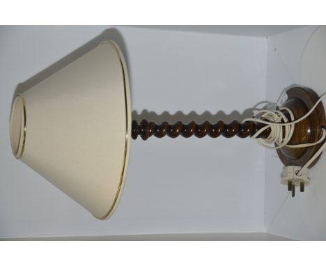 Oak barley twist lamp stand with green shade 