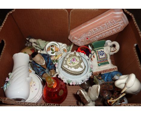 Trinket pots, oriental ornaments, glass scent bottle etc