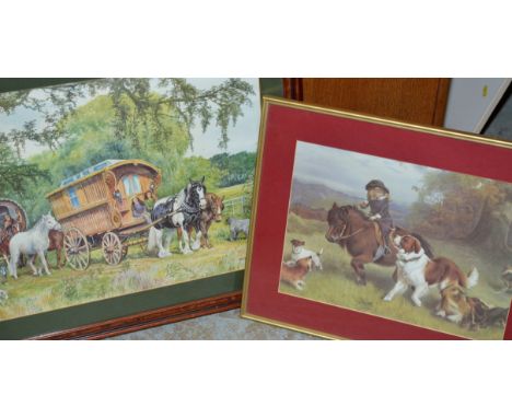 Large framed print depicting gypsy caravans signed D.M and E M. Alderson 1975 and a framed print
