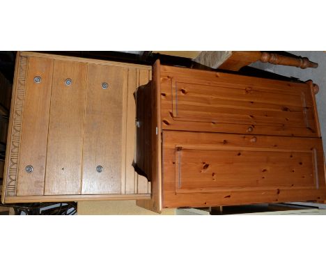 Tall pine two door cabinet and a light oak three drawer chest (2)