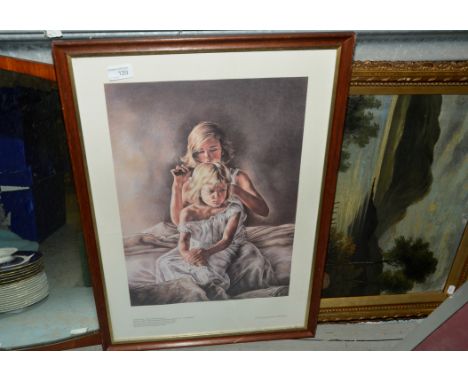 Framed print, a gilt framed oil on canvas and a wood framed mirror