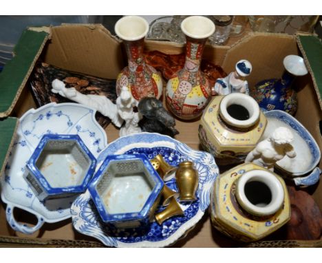 Pair of oriental vases, blue and white Lattice ware trinket pots, figurines, Carlton Ware pattern vase etc 