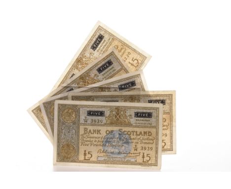 FIVE BANK OF SCOTLAND £5 FIVE POUND NOTESone dated 25th September 1961, serial number 19/H 8220; two dated 8th August 1962, s